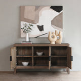 Reclaimed pine wood sideboard with open doors in a room with abstract art on the wall.