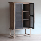 Reclaimed pine wood tall cabinet with open door against a plain wall