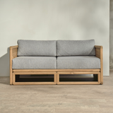 Outdoor wooden sofa with grey cushion