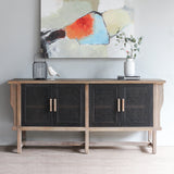 Front view of LUNAR Rattan Sideboard (L) with decoration items on top of it and a painting hung above it.