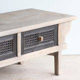 Detail of LUNAR Rattan TV Cabinet drawer and top table's textures.