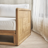 Outdoor wooden sofa 1 seater on a wooden floor