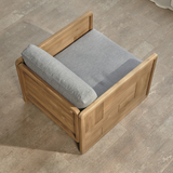 Outdoor wooden sofa 1 seater on a wooden floor