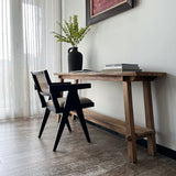 Vanity Console with potted plant and books on top of it, paired with Torino Rattan Arm Chair.