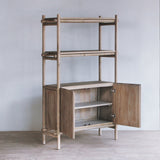 Reclaimed pine wood tall cabinet with open doors.