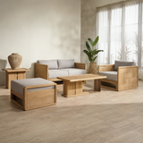 Outdoor and indoor wooden sofa set on a wooden floor