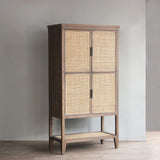 Wooden cabinet with woven doors against a gray wall