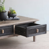 Wooden coffee table with rattan drawers, featuring potted plants on top.