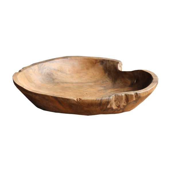 Round wooden bowl made from teak wood with natural, organic shape.