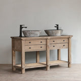 Reclaimed pine wood bathroom vanity with two stone sinks on a plain background