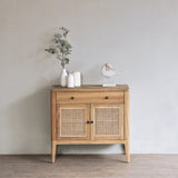 Wooden cabinet with rattan doors in a minimalistic room