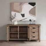 Reclaimed pine wood sideboard with abstract art on the wall in a room.