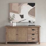 Reclaimed pine wood sideboard with abstract painting above it in a room.