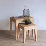 Wooden nesting table with a small plant and decorative item against a plain wall.