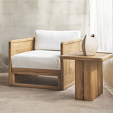 Outdoor wooden sofa 1 seater with end table and end table on a wooden floor