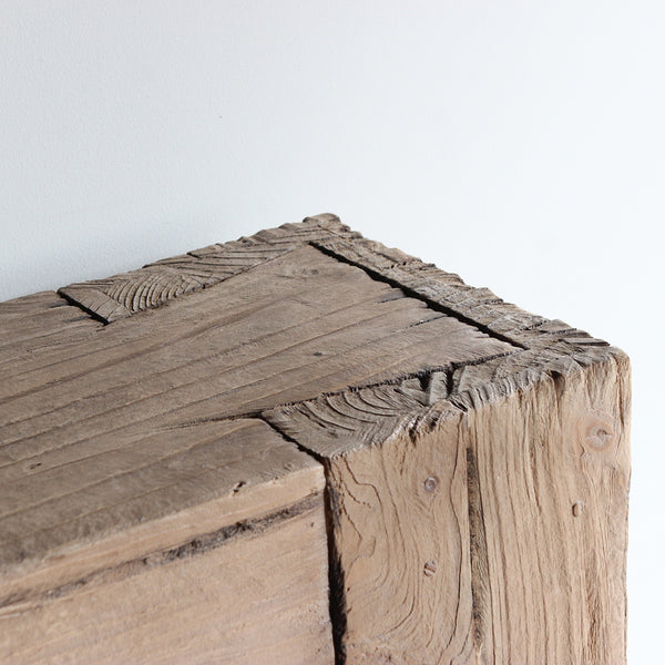 Corner detail of Dovetail Console Table. Showing the reclaimed pine wood texture and dovetail joint detail.
