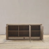 Reclaimed pine wood cabinet with open doors on a wooden floor against a plain wall