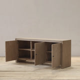 Reclaimed pine wood sideboard with open doors on a wooden floor against a plain wall