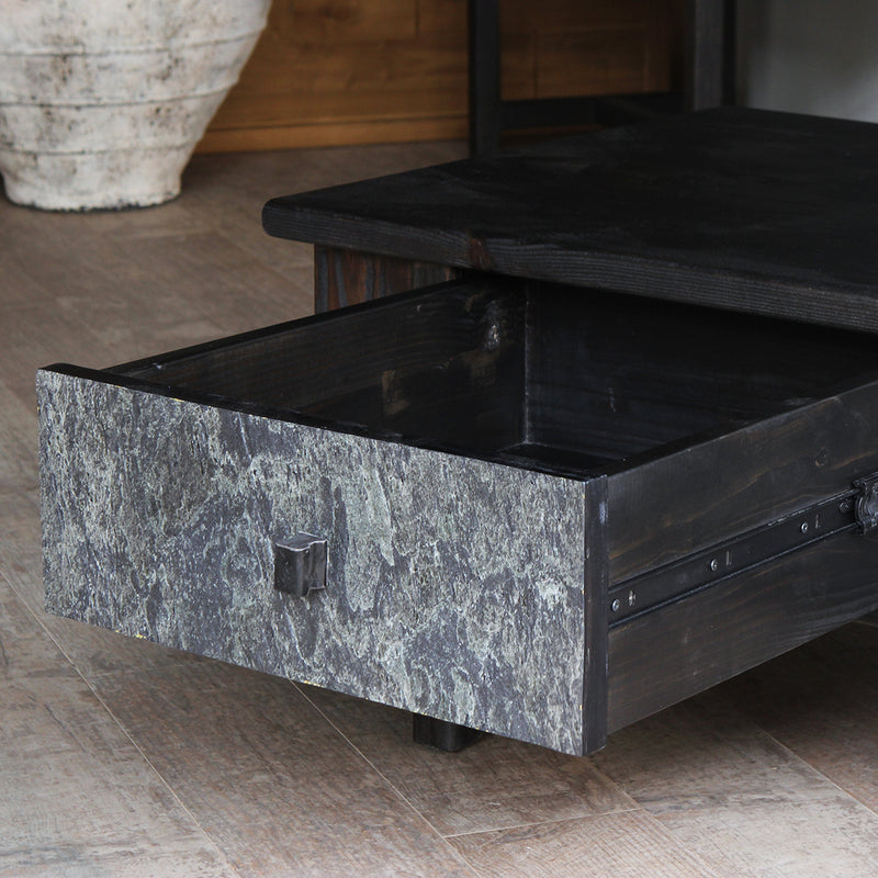 Drawer and texture detail of LUNAR Stone Coffee Table.