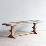 Perspective view of LYON Bench. Made with reclaimed teak and woven seagrass.