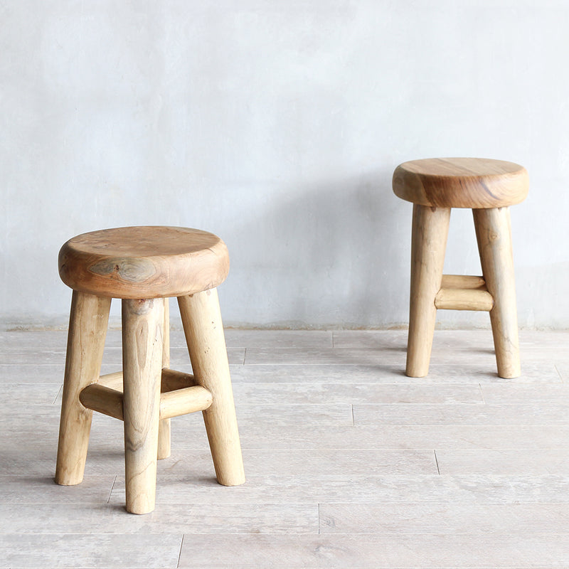 Two round wooden stool, made from teak wood and teak root.