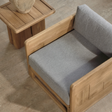 Outdoor wooden sofa 1 seater with end table and end table on a wooden floor