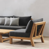 Outdoor sofa set with wooden coffee table on a wooden floor.