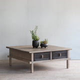 Wooden coffee table with plants in a room with a light gray wall.