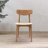 Wooden chair on a wooden floor with a plant in the background