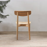 Wooden chair next to a potted plant on a wooden floor with a light gray wall.