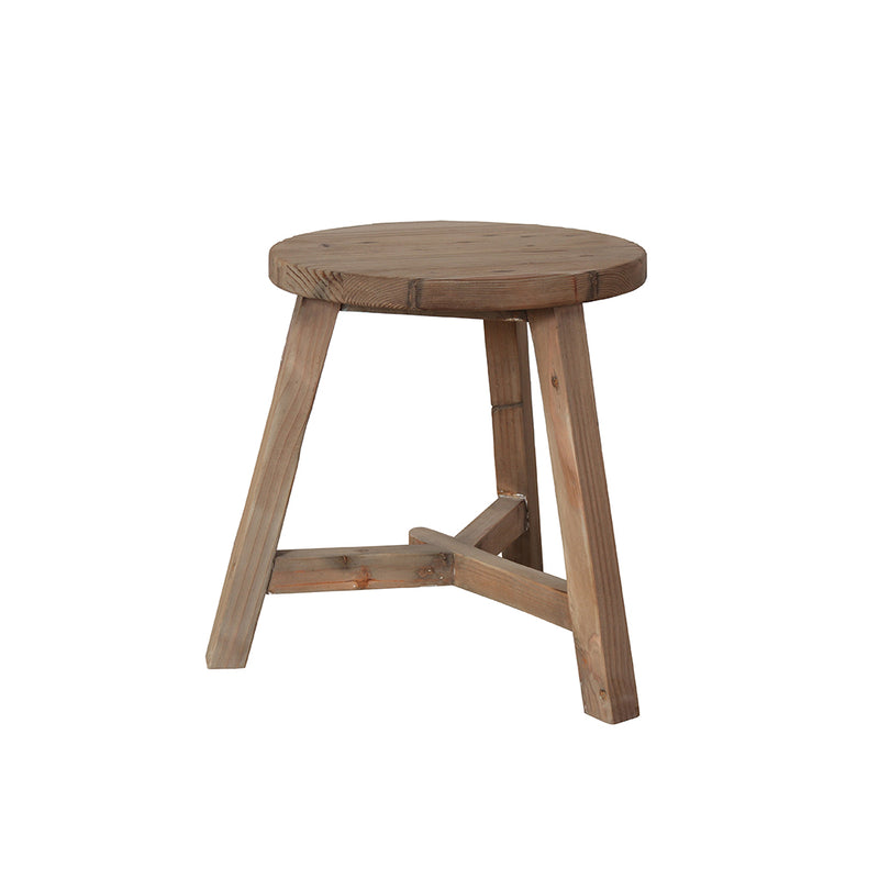 A round wooden stool made from reclaimed pine wood.