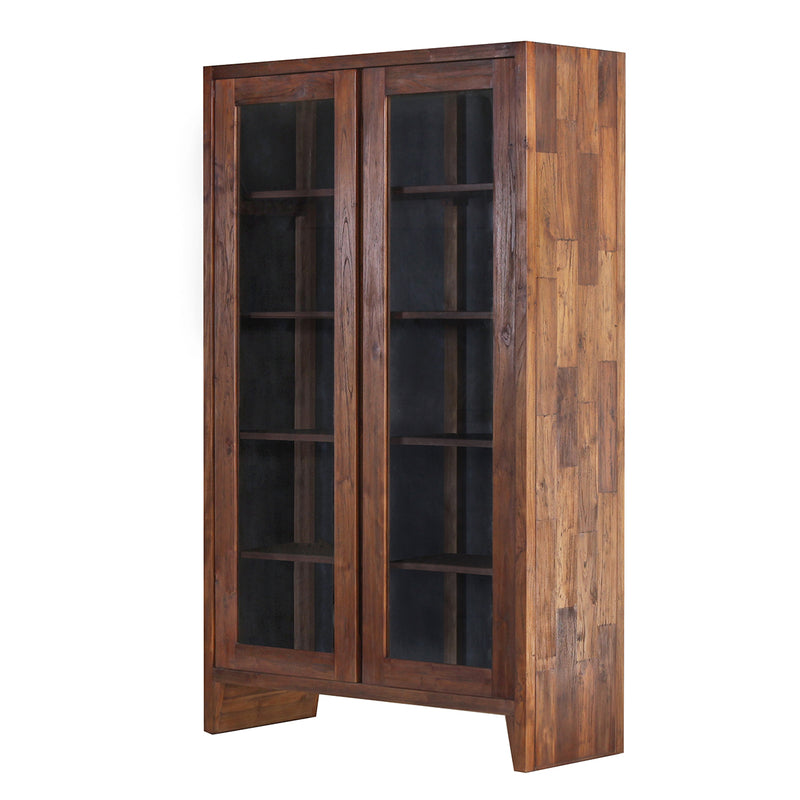 Perspective view of KAMA Glass Cabinet showing the brick pattern on the side. Made from reclaimed teak wood.