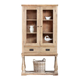 China cabinet made from reclaimed teak wood with decoration inside and a basket on the lower shelf.