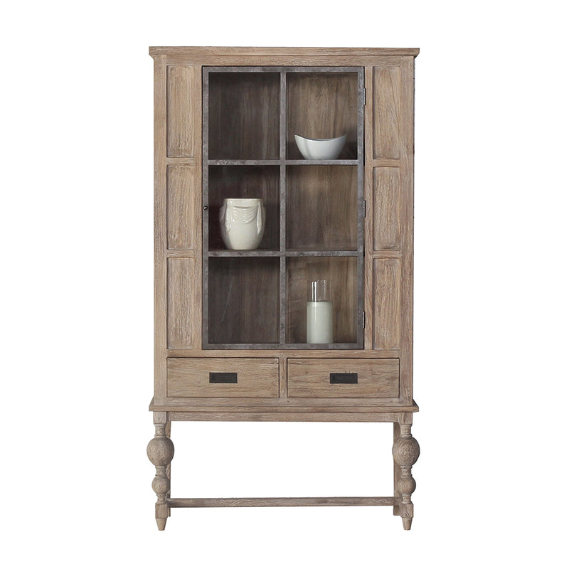 Front view of Rome Glass Cabinet in white-washed finish with white decoration items inside it.